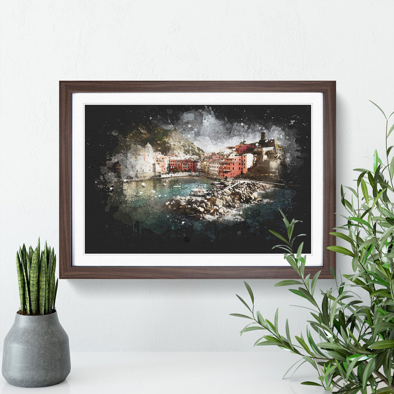 Boats in Vernazza Italy - Picture Frame Painting Print, 62cm H x 87cm W x 2cm D, Walnut Framed