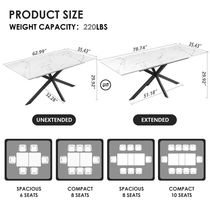62.99’’-78.74’’ Extendable Dining Table For 4-8 People With White Marble Pattern , Expandable Tables For Small Spaces, Dining Room, Kitchen, Living Room