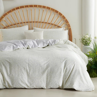 Housse de couette en vichy à motif floral bleu 100% coton à carreaux réversibles