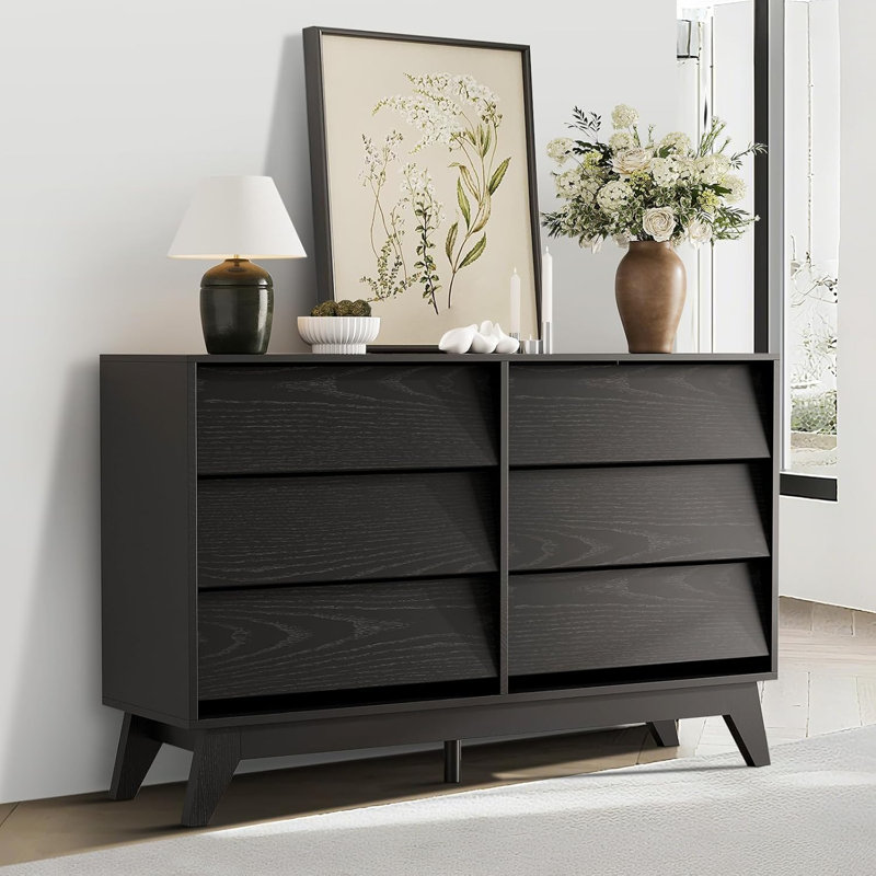 6-Drawer Dresser for Bedroom, 47.2" Wide Mid Century Chest of Drawers, Wooden Dresser TV Stand, Vintage Dressers with Bevel Design for Bedroom, Living Room, Hallway