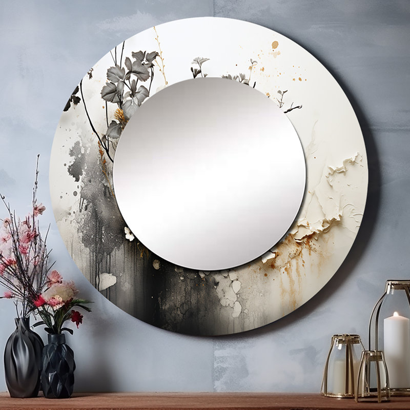 Samanthagrace Bohemian Earthly Floral Collage I - miroir décoratif boho abstrait, miroir mural rond gris, impression d'art en métal