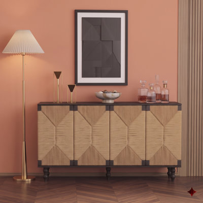 59" Wide Sideboard Cabinet, 4-Door Buffet With Shelves, Boho Handwoven Seagrass Doors, Solid Wood Legs