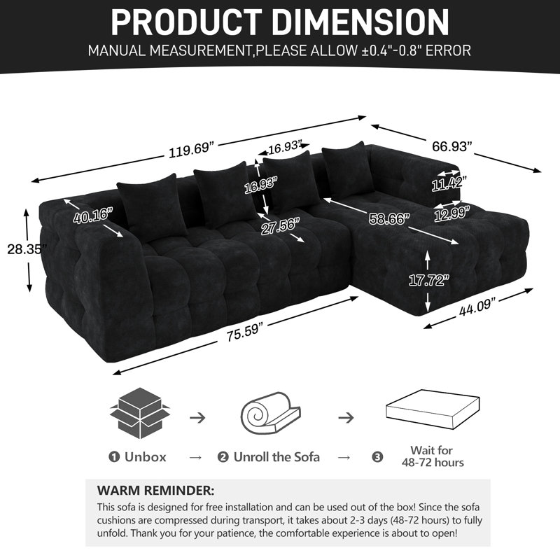2 - Piece Upholstered Tufted Sectional Sofa Compression Sofa and Chaise, Right Hand Facing, Black Chenille