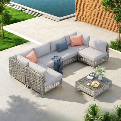 7-piece Wicker Outdoor Conversation Set Included 4 Armless Sofas, 1 Left Sofa, 1 Right Sofa, 1 Coffee Table And Tempered Glass Top