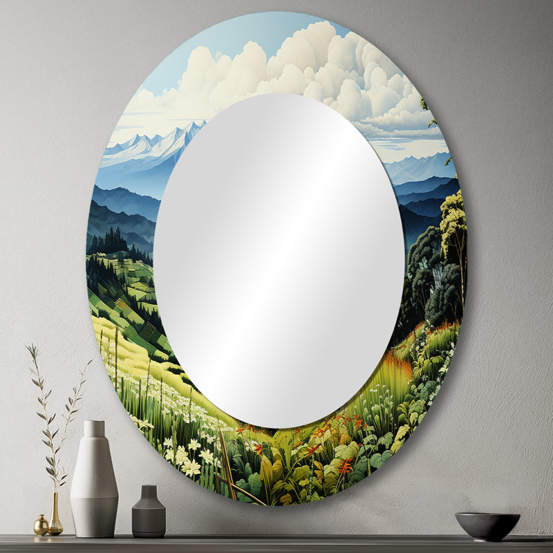 Miroir mural ovale en métal Countryside Mountain Vista Patchwork I, 43 po x 33 po