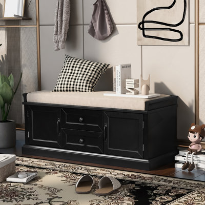 Storage Bench With 2 Drawers And 2 Cabinets, Shoe Bench With Removable Cushion For Living Room, Entryway