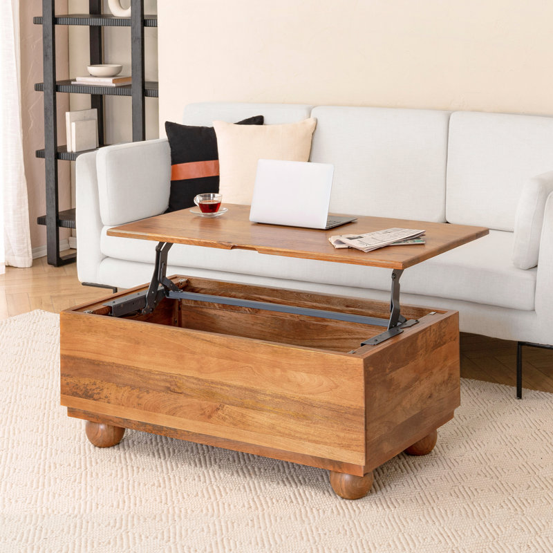 Aarah Solid Wood Lift Top Extendable Coffee Table with Storage, Mid Tone Honey