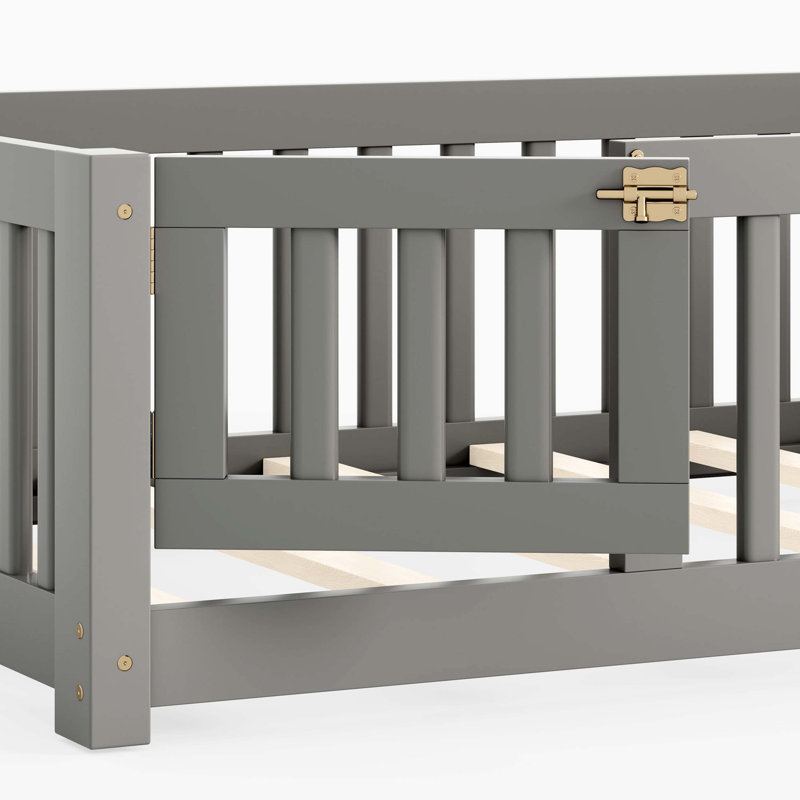 Twin Size Bed Floor Bed with Safety Guardrails and Door for Kids, Twin, Grey