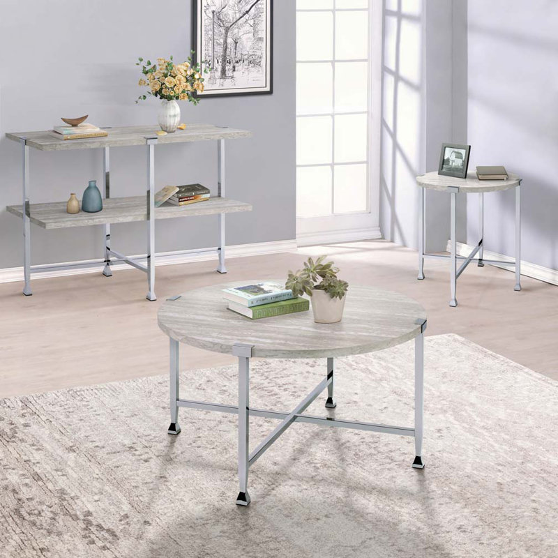 White Oak and Chrome End Table with X Shape Base