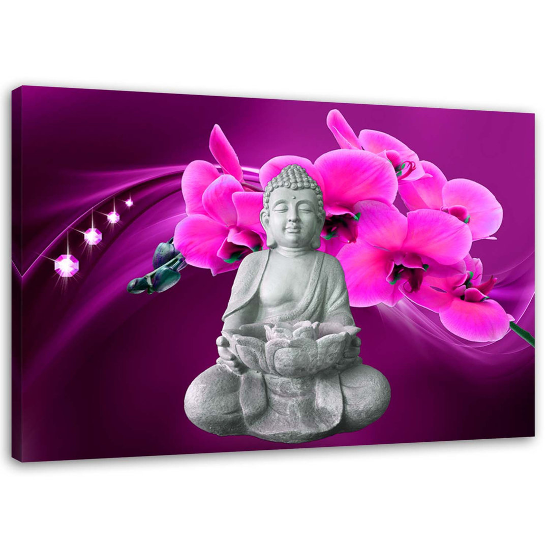 Leinwandbild Buddha mit grüner Orchidee