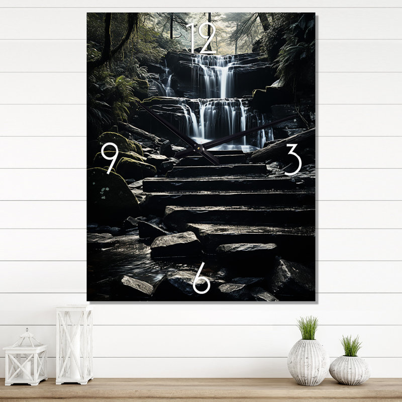 Grey Waterfall Cascading Reflections - Landscapes Wall Clock Oversized, Medium