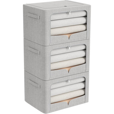 3 Pack Clothes Storage Bins Foldable Metal Frame Storage Box Stackable Linen Fabric Organizer Set With Carrying Handles And Clear Window (15.7X11.8X7.8Inch(22L))