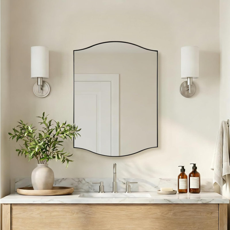 Miroir de salle de bain mural rectangulaire à double arche festonnée | Cadre en acier inoxydable, Nickel brossé