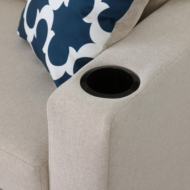 82" Width Sectional with storage chaise and cupholder armrest, Beige Linen