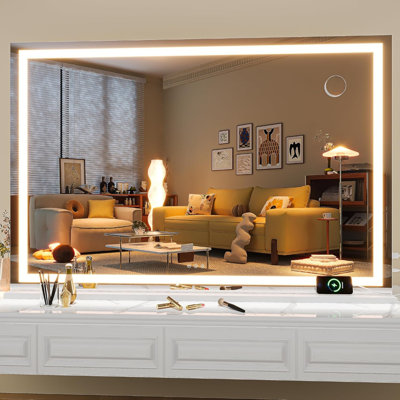 47" X 29.5" Square LED Lighted Makeup Vanity Mirror With Bluetooth Speaker, 3 Dimmable Color Modes, Touch Screen Control, Wall Mounted Or Tabletop, White Finish