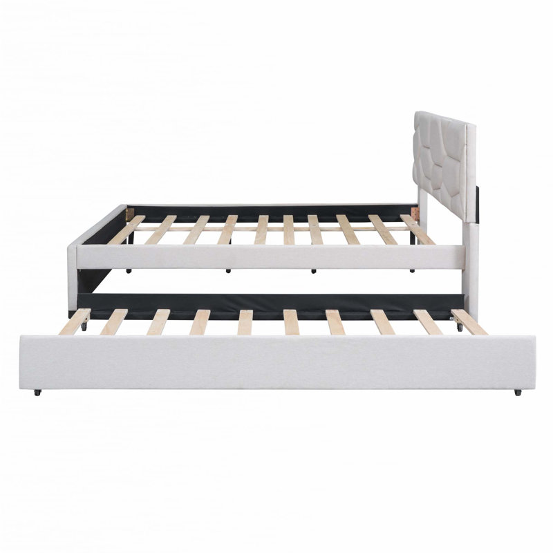 Lit plateforme tapissier avec lit gigogne, Beige
