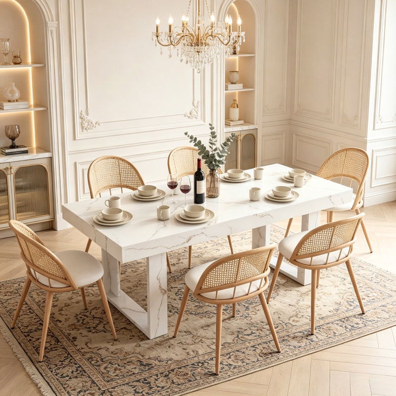 6 - Person Dining Table Sets With Expandable Table & 6 Upholstered Chairs, White/White
