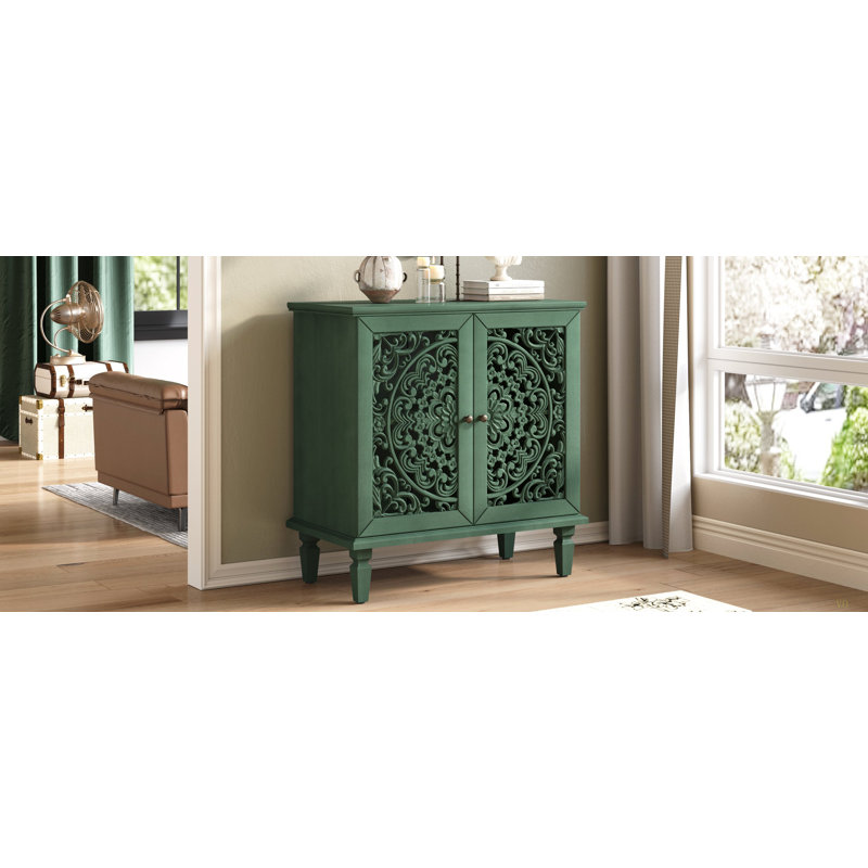 Vintage Hollow-Carved Accent Cabinet, 2-Door Display Storage Sideboard With Symmetrical Floral Design, Adjustable Shelf And Solid Wood Legs For Living Room Entryway
