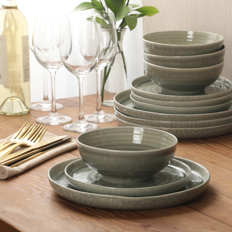 Gibson Elite Eclipse Swirls Plates and Bowls Sets, 12-Piece Stoneware Dinnerware Sets, Reactive Glaze Dish Set - Green, Taupe