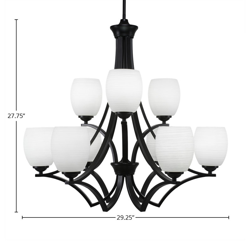 Zilo 9 Light Uplight Chandelier Shown In Matte Black Finish With 5" Cayenne Linen Glass, Cayenne, Matte Black
