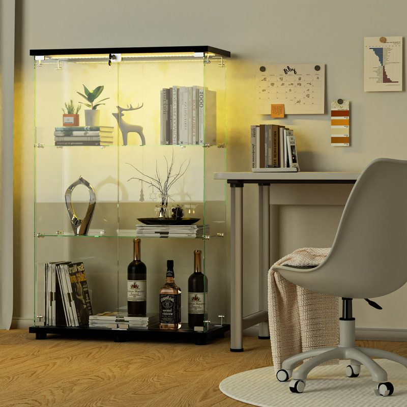 Vitrine noire à 2 portes et 3 tablettes avec éclairage DEL, Noir