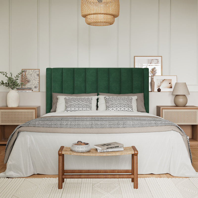 Lit plateforme tapissier en velours avec tête de lit Modern, Grand, Vert