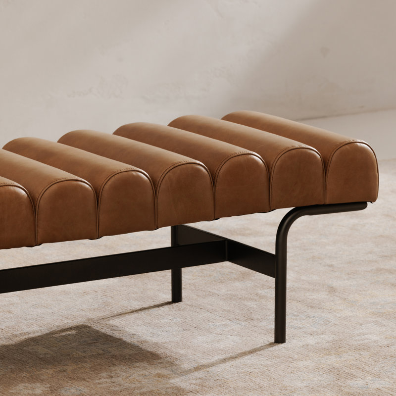 Banc rembourré en cuir véritable Penina, Cuir fleur brun clair