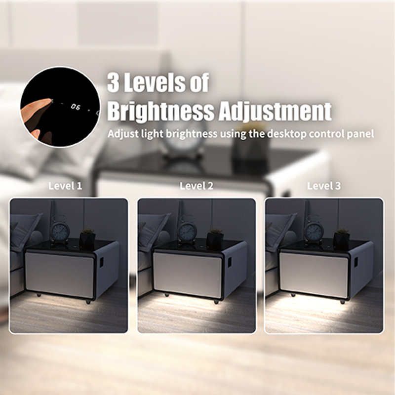 White High Gloss Smart Side Table with Glass Top and Storage