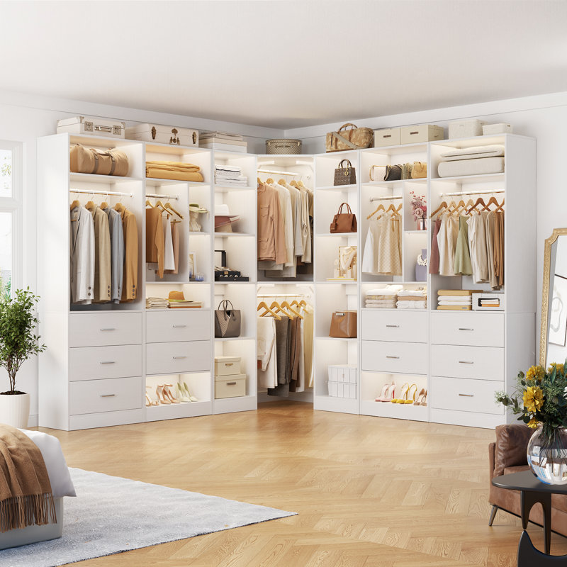 87.2" L X 87.2" W X 80" H Corner Closet System,Freestanding Closet Organizer System With 10 Drawers & 12 Shelves, White