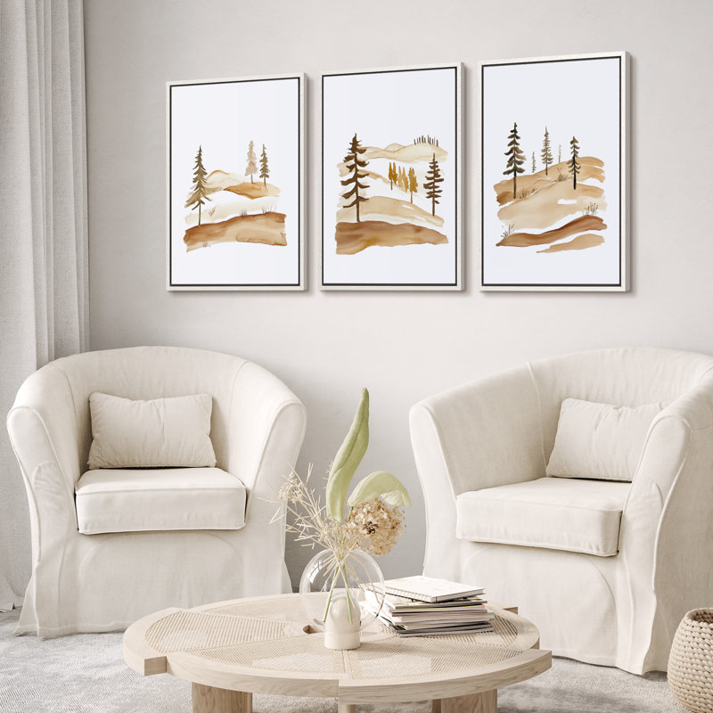 «Warm Gold Neutral Abstract Triptych», reproduction d'art encadrée sur toile, 3 pièces, H 24 po x l 16 po x P 1,5 po, Blanc