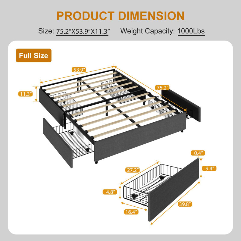 Structure de lit plateforme double, tissu rembourré avec 4 tiroirs de rangement, aucun sommier tapissier requis