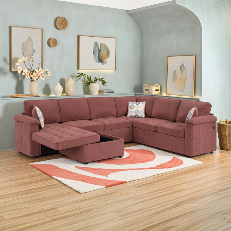 Canapé d'angle avec méridienne de rangement et ports USB, Rouge