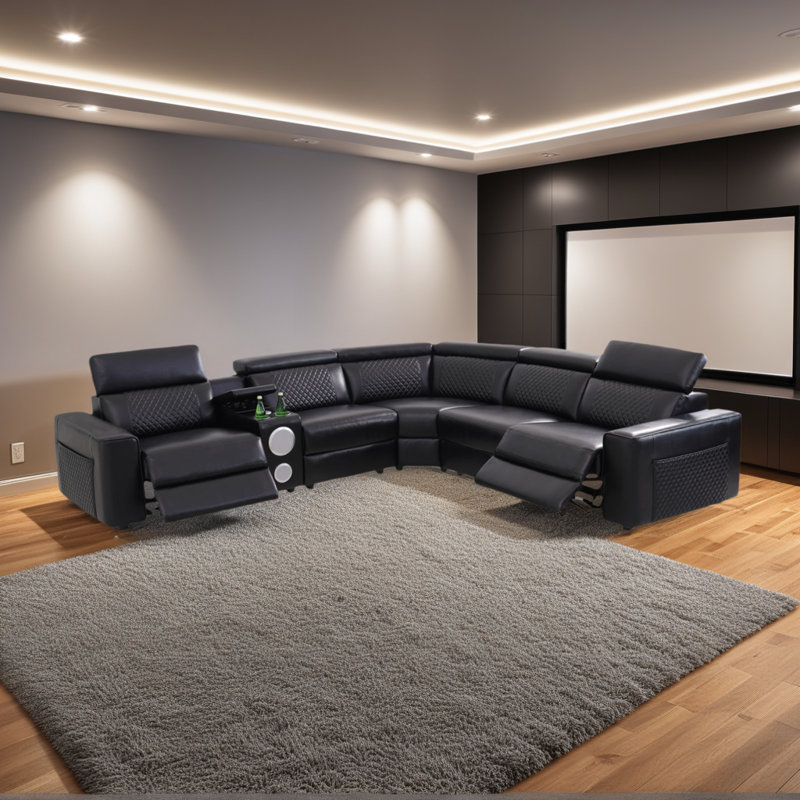 Canapé modulaire inclinable électrique en cuir respirant de 6 pièces de 20 po avec repose-tête réglable, console de rangement, lumières DEL, microphone et rangement latéral