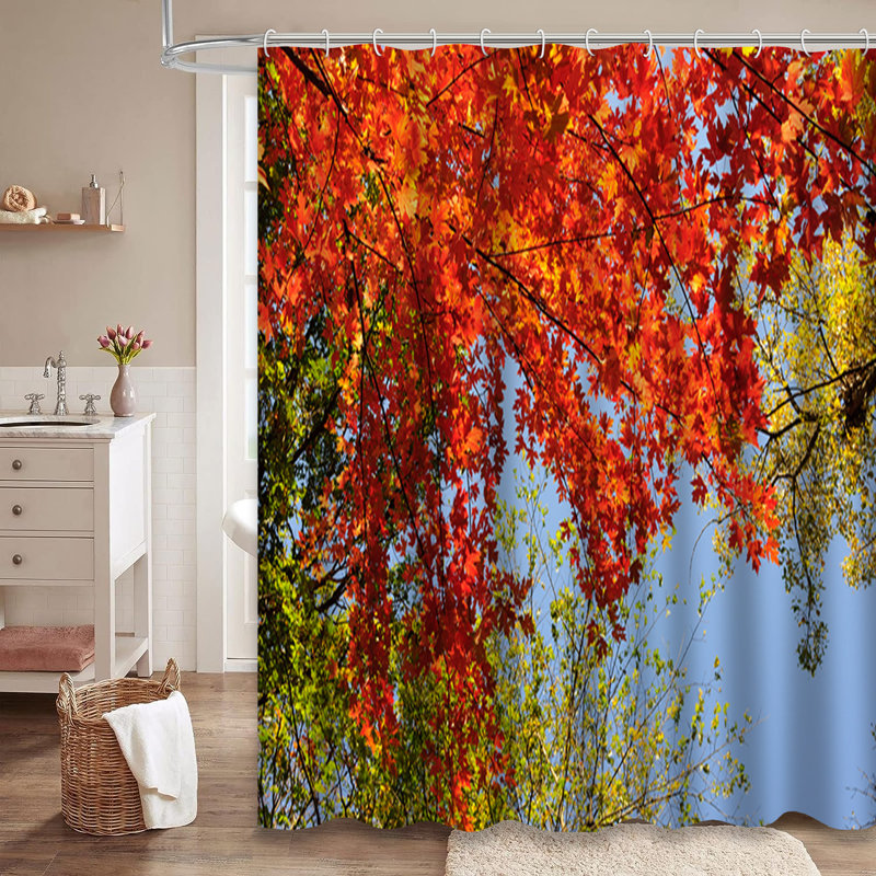 Rideau de douche rouge, vert, jaune, érable et feuilles d'automne avec 12 crochets, L 72 po x l 84 po