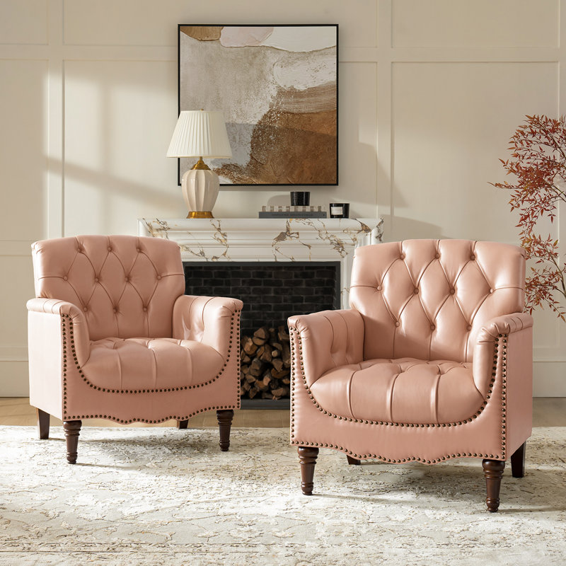 Orme 32" W Tufted Genuine Leather Armchair, Pink