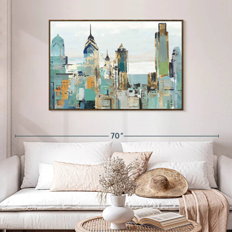 Bleu sarcelle Argueta I, 46 po x 31 po, Cadre flottant noyer