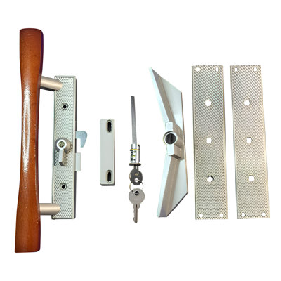 Sliding Patio Door Keyed Handle Set Replacement, Wood Pull With Aluminum Finish Frame, 3-15/16" Hole Spacing (dh-113)