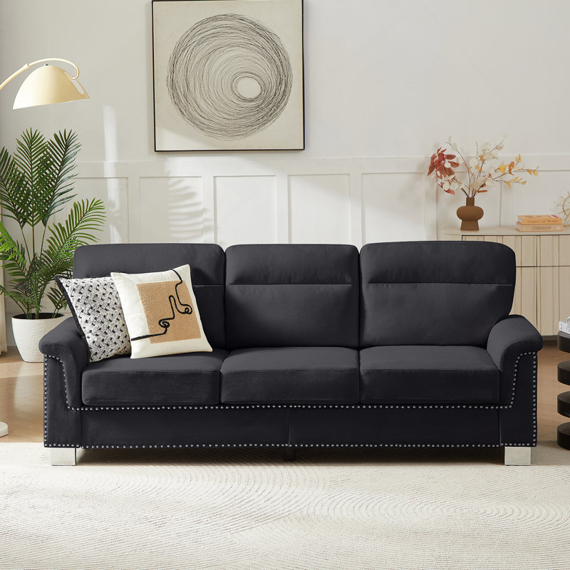 82-Inch Modern 3-Seater Sofa With Compressed Snowfleece Fabric For Multi-Functional Living Spaces, Black