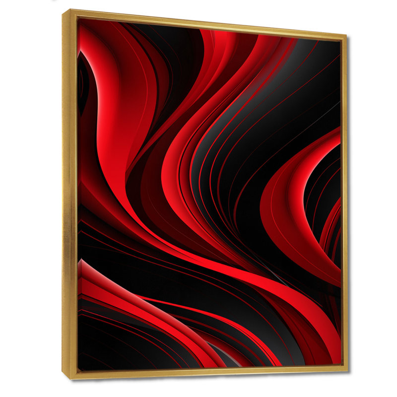 «Happy Streams Minimal Red Black - Abstract Modern Waves», art mural salon, Toile avec cadre flottant or