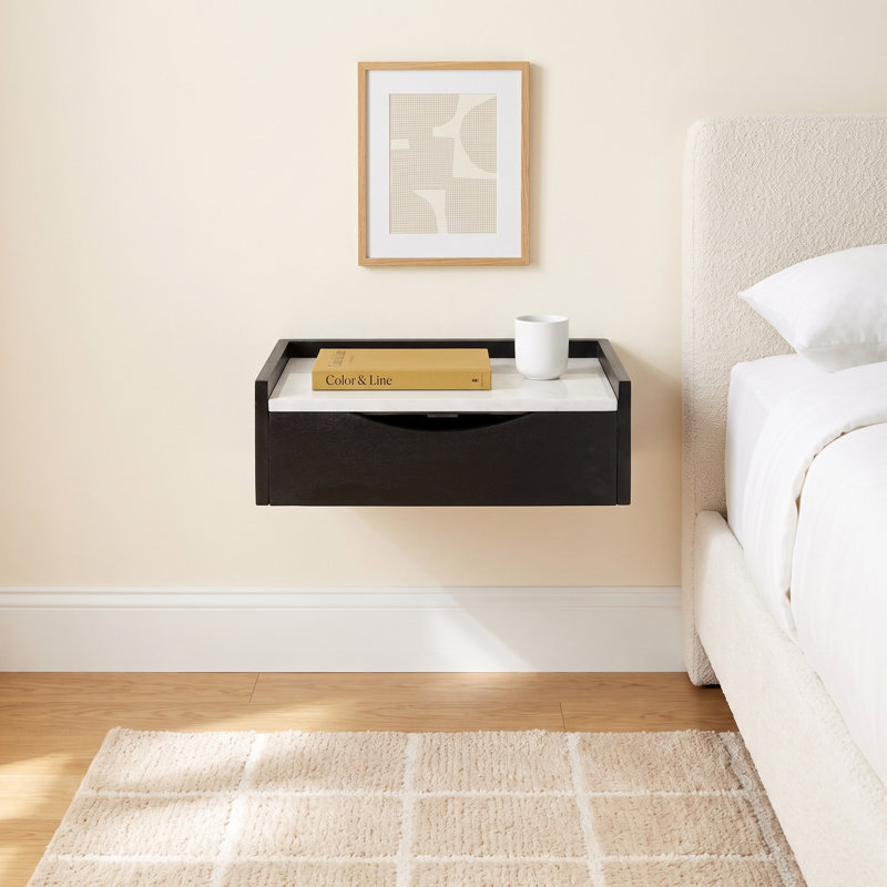 Benning Poplar Floating Shelf with Drawer, Black