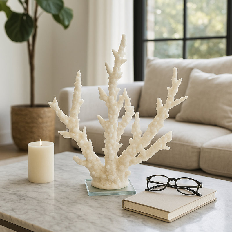 Statue décorative corail sur base de verre pour décoration intérieure - Figurine parfaite pour les décorations de salon - 14 po, blanc
