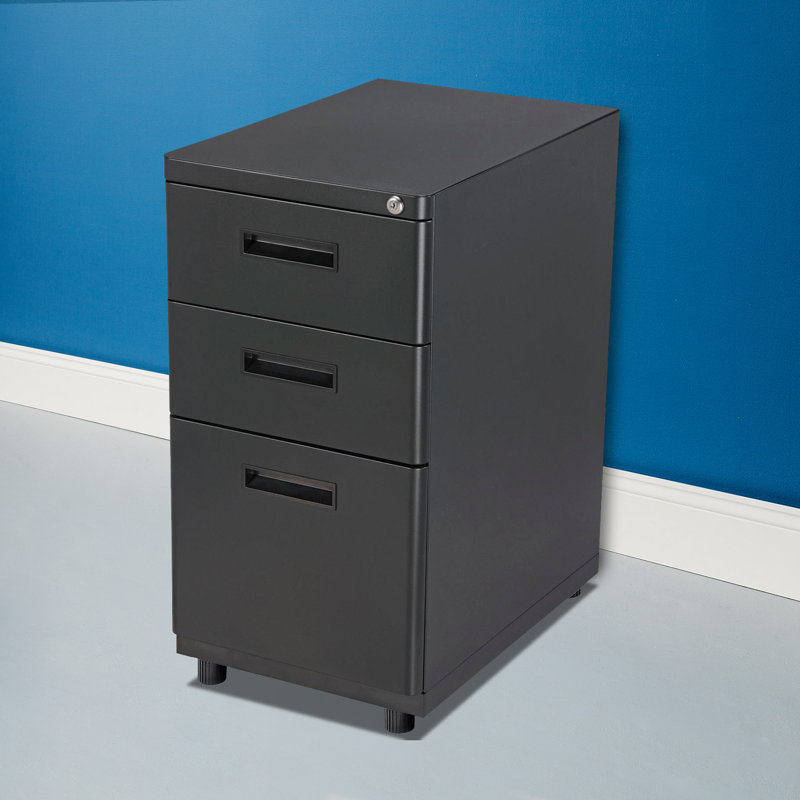 Black Steel 3-Drawer Lockable Pedestal File Cabinet