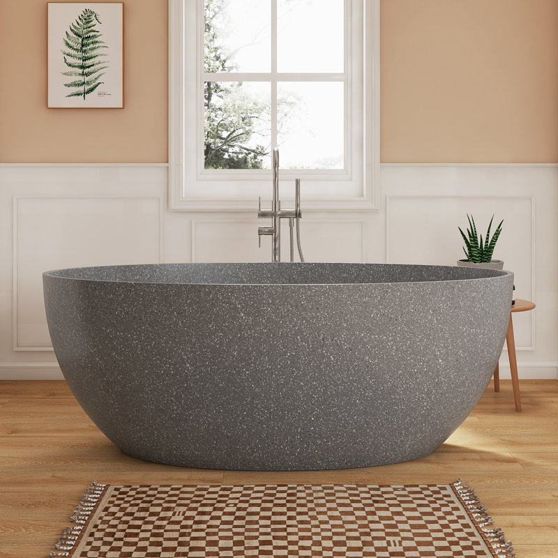 Fslefay 63'' Terrazzo Freestanding Solid Surface Concrete Soaking Bathtub