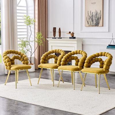 Set Of 4 Yellow Velvet Dining Chairs With Gold Legs, Modern Upholstered Accent Chairs For Dining Room & Kitchen