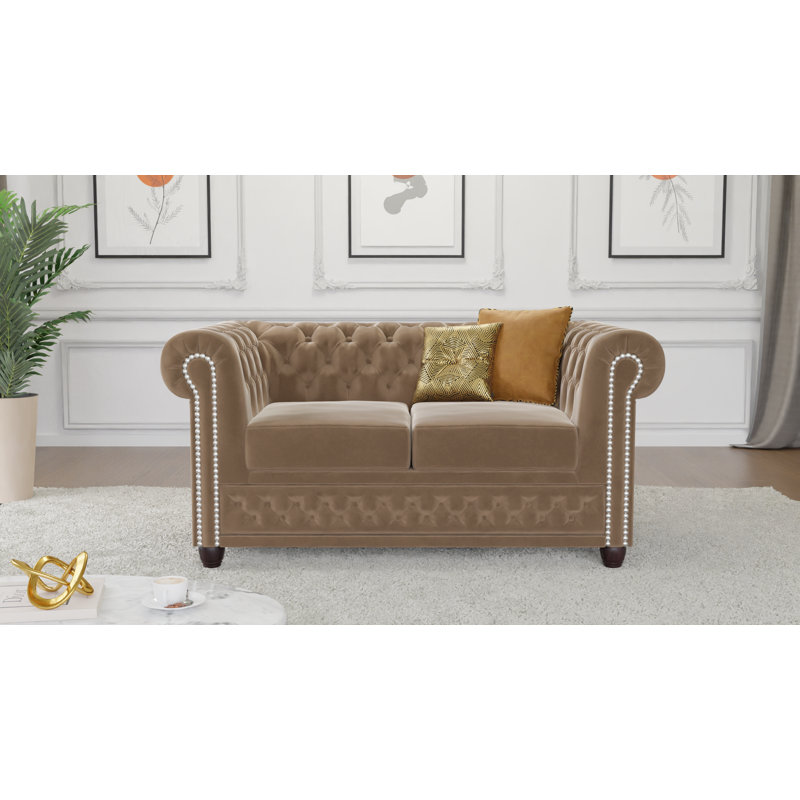 Chesterfield Hanna Sofa Set 3+2+1 Made of Velvet Fabric with Solid Wood Legs, Beige