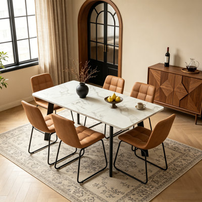 Aurik 47.1"-63.1" Extendable Dining Table Set ,faux Marble Mdf Kitchen Table With 6 Pu Leather Dining Chairs