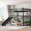 Structure de lit superposé triple élégant en métal noir avec glissières et barrières de sécurité, solution peu encombrante pour les chambres partagées et les maisons de vacances