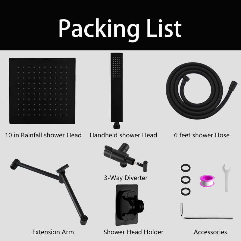 10" Metal Rain Shower Head With Handheld Spray Combo, Adjustable Extension Arm, 71 Inch Hose, Black