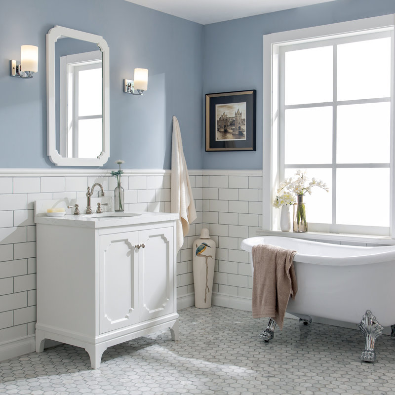 Queen 30" Single Bathroom Vanity Set with Mirror, Waterfall, Pure White