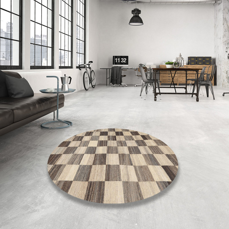 Tapis abstrait beige / olive, Rond 7 pi